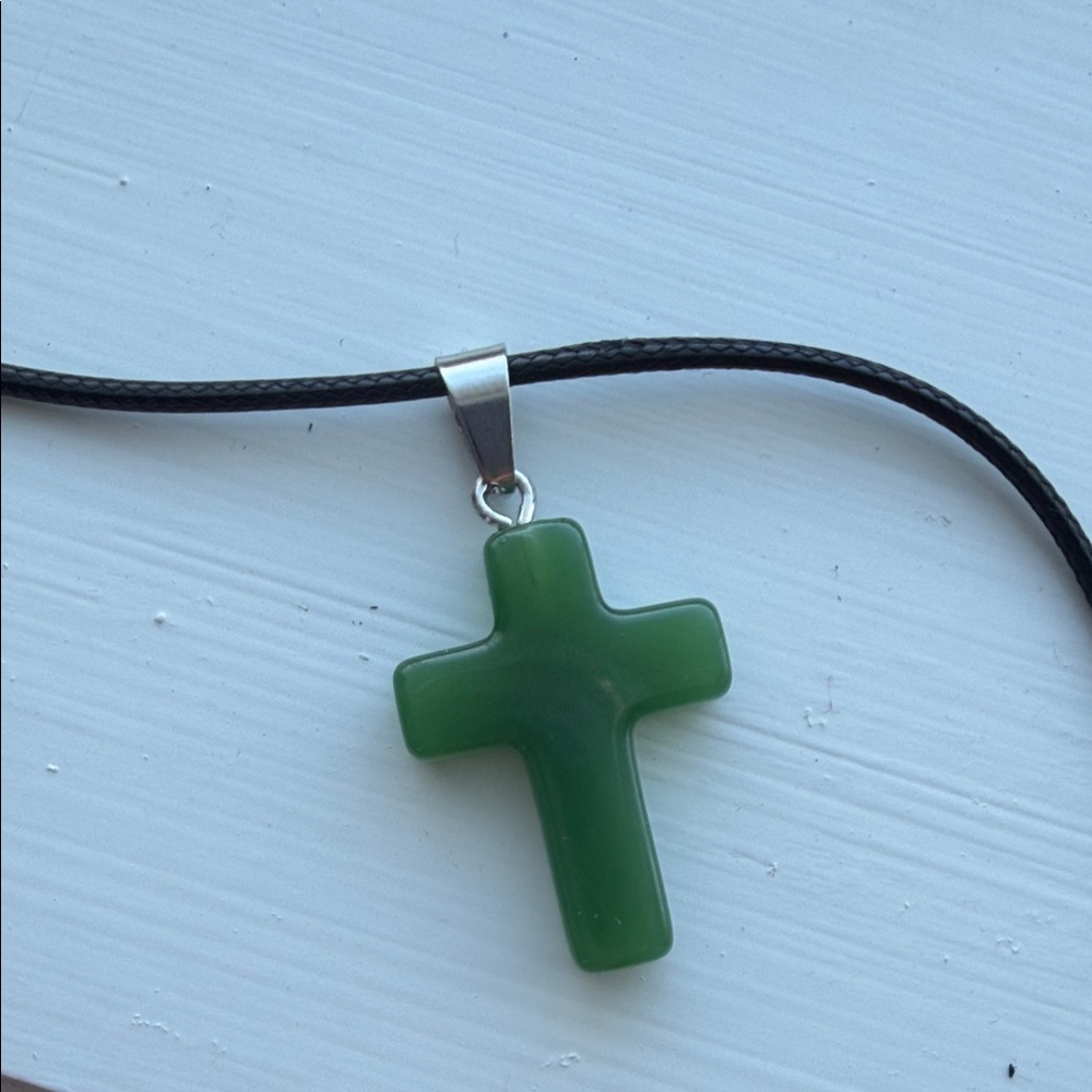 Jade Green Cross Pendant Necklace made of resin. 1” cross with 16”cord. Bundle!